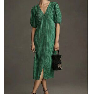 Anthropologie V-Neck Pleated Slim Midi Dress | Green | Size S